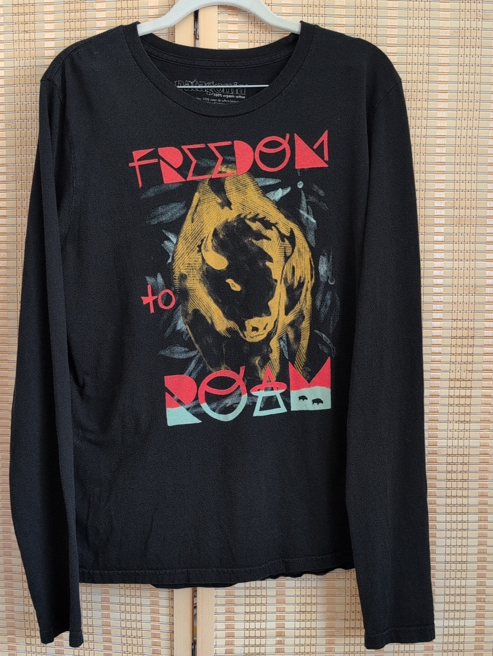 Patagonia Black Long-Sleeve Tee with Red and Gold Buffalo Graphic